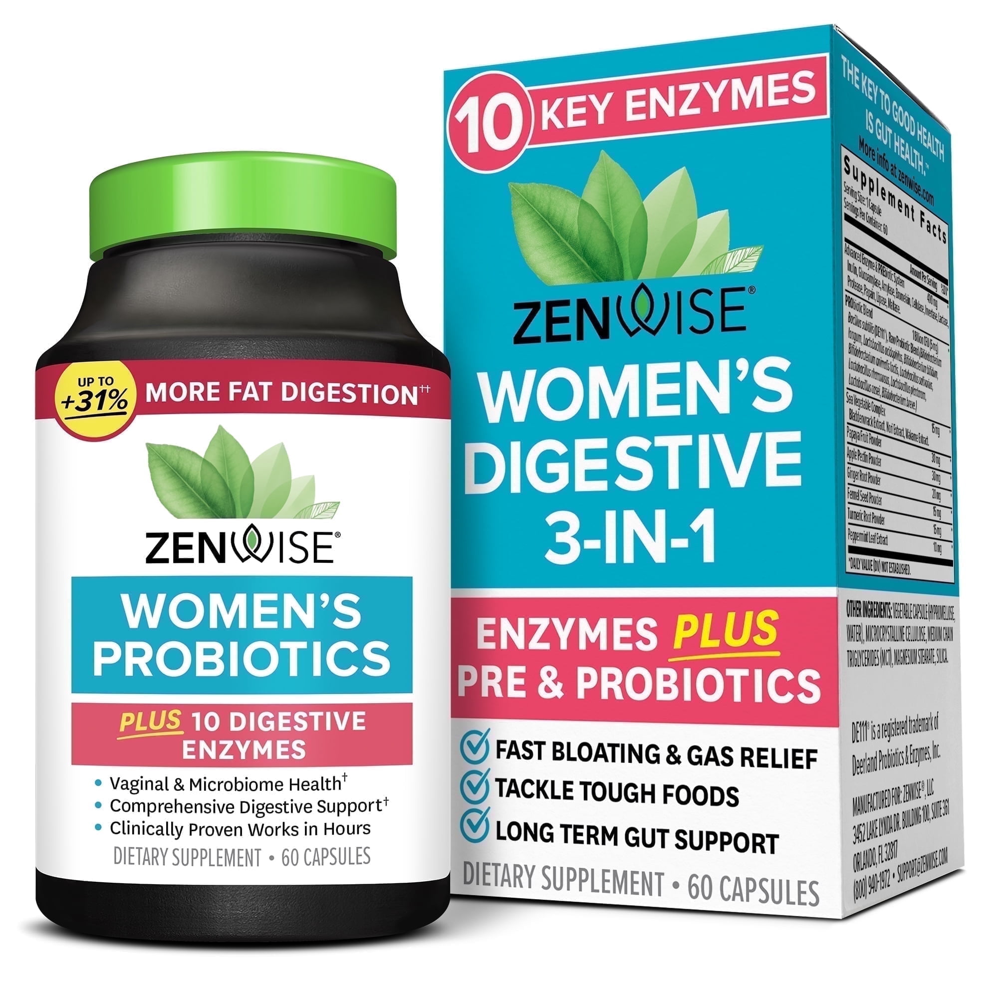 Zenwise Probiotics for Women, Probiotics + Digestive Enzymes for Vaginal Health, Daily Bloating Relief, and Gut Flora Health-60 CT