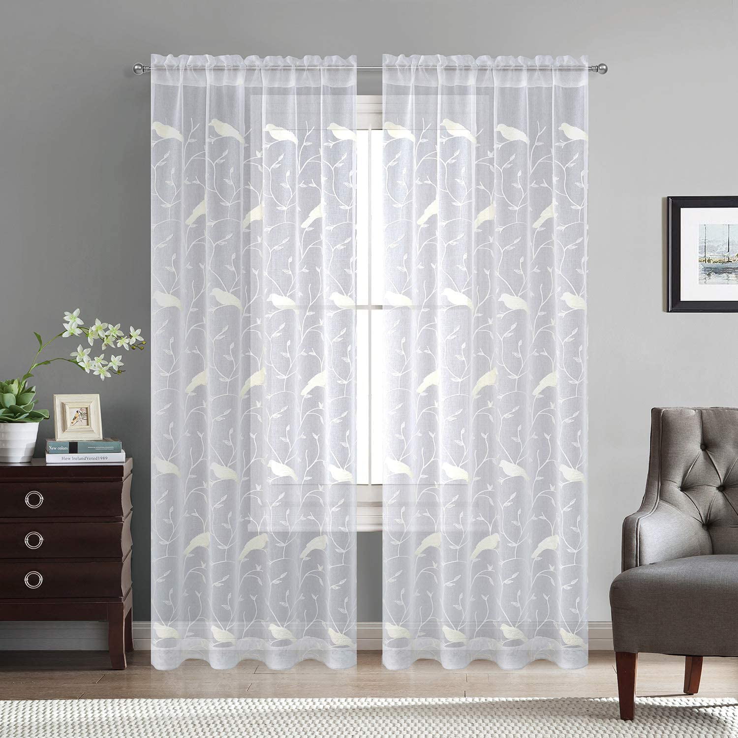WINYY Floral Embroidery Sheer Curtain for Dingin Room & Kitchen Rod Pocket Top Window Voile Drape Geometric Leaf Curtain Tulle 1 Panel W39 x L63
