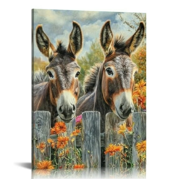 Creowell Donkeys Flowers Fence Canvas Print Wall Decor for Bedroom Kitchen Living Room Office, Home Decor Wall Art Bathroom Office 12x16in