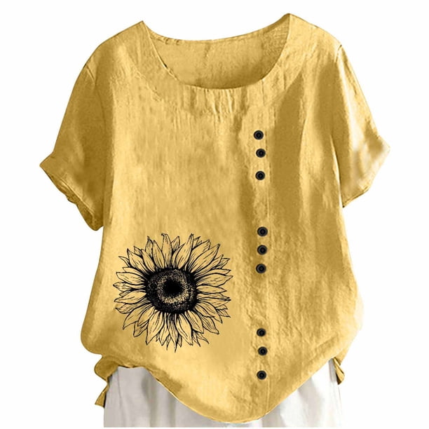 Camiseta Casual de Manga Corta con Botón de Cuello Redondo de las Mujeres, Tops Cortos para las Mujeres