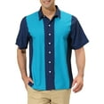 thumbnail image 1 of INSPIRE CHIC Men's Striped Button Down Short Sleeve Hawaiian Color Block Shirts S Navy Green, 1 of 6