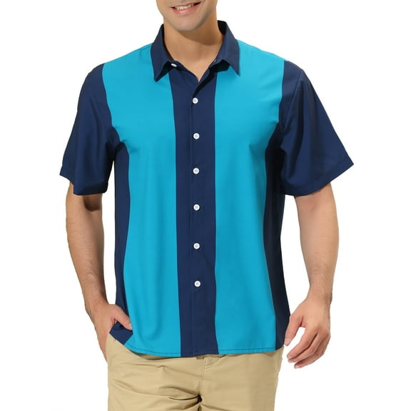 INSPIRE CHIC Men's Striped Button Down Short Sleeve Hawaiian Color Block Shirts S Navy Green