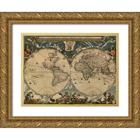 Vintage Maps 14x11 Gold Ornate Wood Framed with Double Matting Museum Art Print Titled - World Map