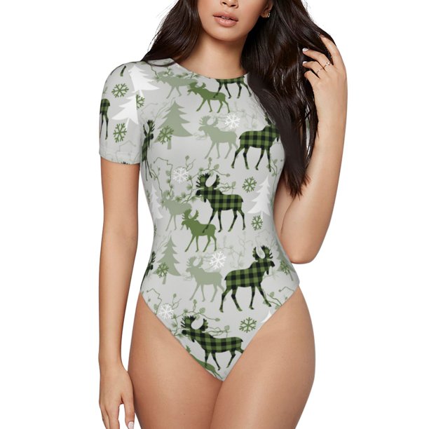 Balery green plaid Moose tree Body de cuello redondo de manga corta para mujer Tops de manga corta Tops básicos-Small