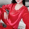 thumbnail image 5 of Skymirror 2 Pcs/Set Women Pajamas Set Silky Long Sleeves V Neck Solid Color Loose Sleeping Lace Plus Size Women Nightie Set for Bedroom, 5 of 8