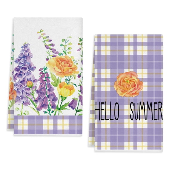 2 Pack Spring Floral Hyacinth Lavender Kitchen Towels 18x26 Inch, Hello Summer Holiday Decorations Hand Towels Baking Dishcloths Super Absorbent Quick Drying Kitchen Dish Towels
