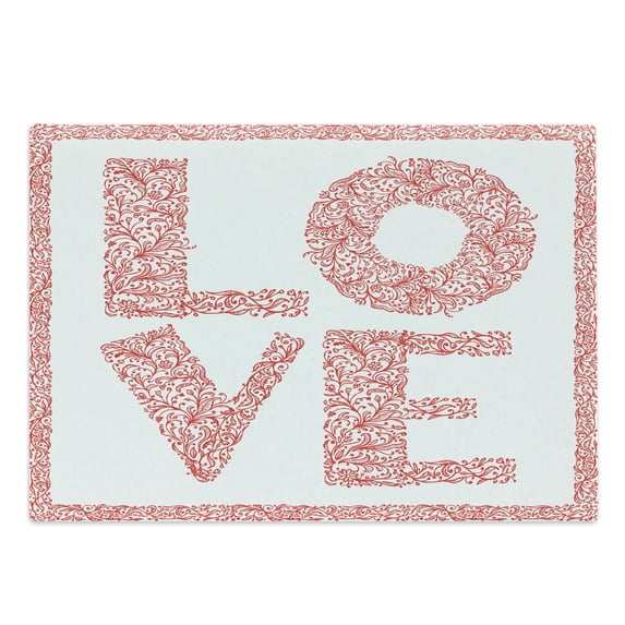 Love Cutting Board, Word Love with Floral Ornament Nature Inspiration Valentines Day Illustration, Decorative Tempered Glass Cutting and Serving Board, Large Size, Vermilion White, by Ambesonne