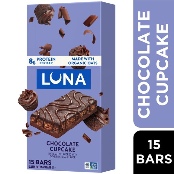 LUNA Chocolate Cupcake Flavor Gluten Free Snack Bars, Protein Bars, 15ct