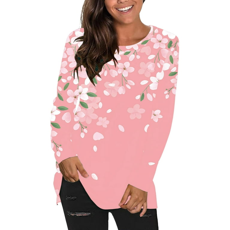 Tunic Tops to Wear with Leggings Comfy Round Neck Floral Graphic Dressy  Flowy Long Sleeve Shirts Plus Size Tops for Women Hide Belly Long Shirt  Pink L