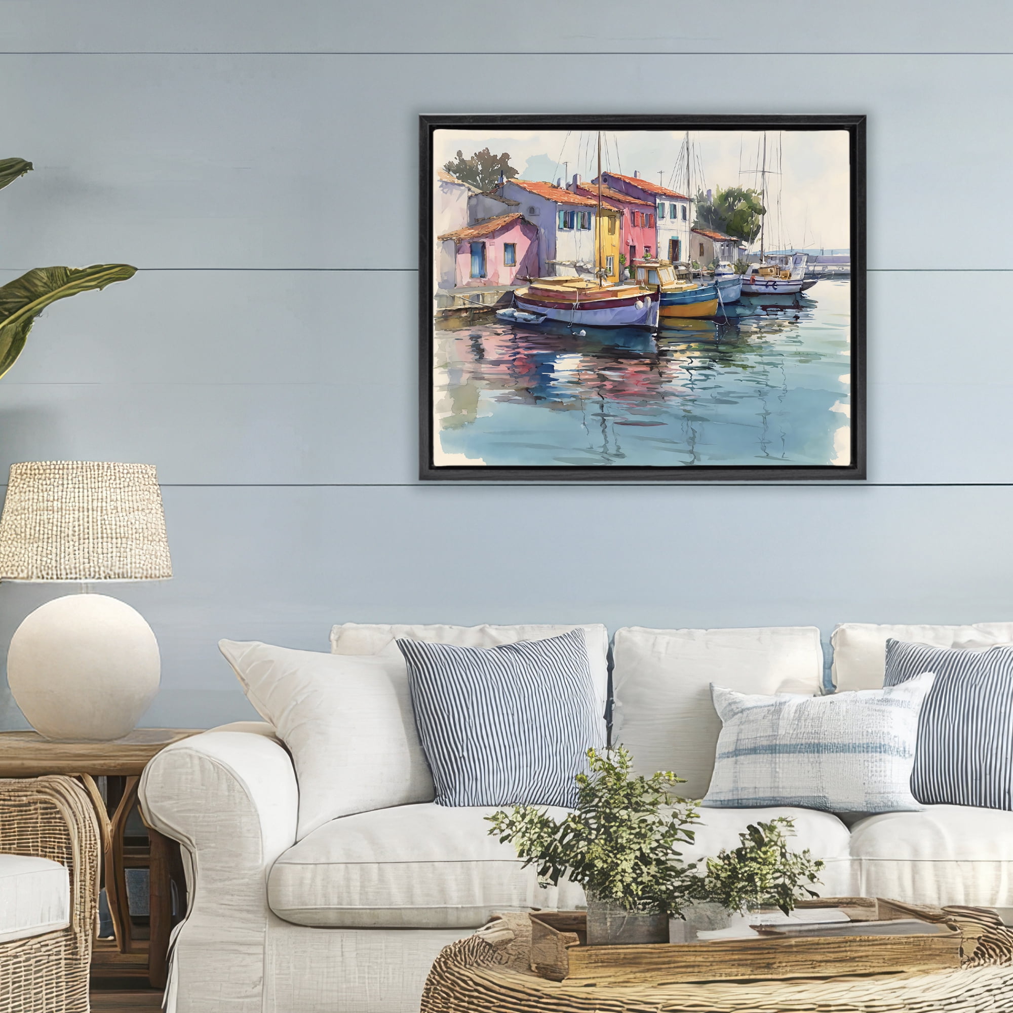 Stupell Industries Colorful Docks Harbor Black Framed Floater Canvas Wall Art, design by Franklyn Gregory
