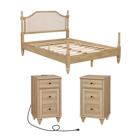 3 Pieces Bedroom Set, Queen Size Wood Platform Bed Frame with Upholstered Headboard & 2 Nightstands with Power Outlets & USB Ports, Modern Bedroom Furniture, Oak