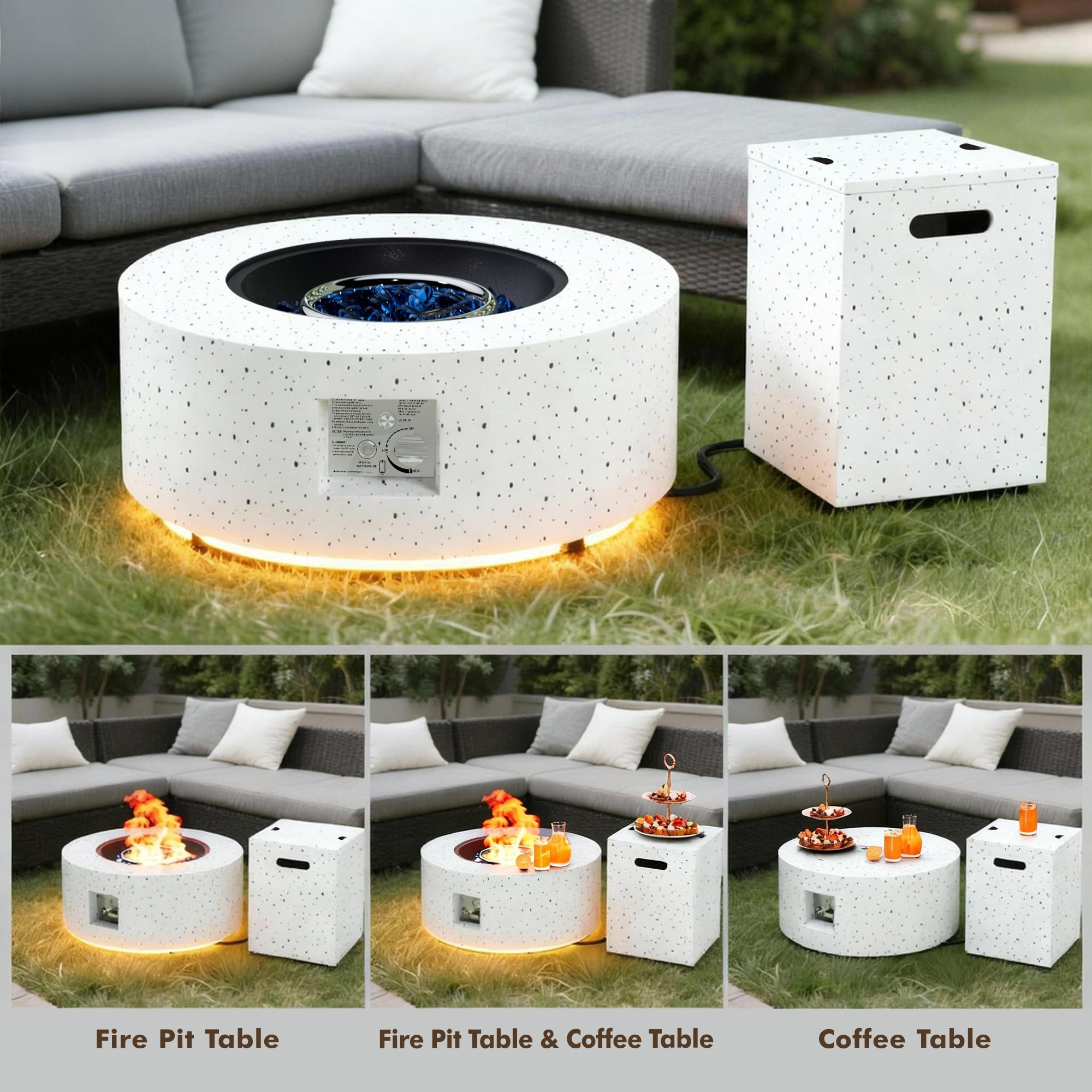 Vornel 30" Round Iron Fire Pit, 50000 BTU with LED Light & Lid, for Home & Camping（White/ Golden Light）