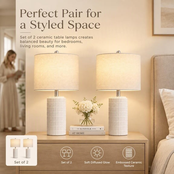 Lumadin White Ceramic Table Lamps Set of 2 for Living Room Bedroom 23" Rustic Bedside Nightstand Lamps with Linen Lamp Shades