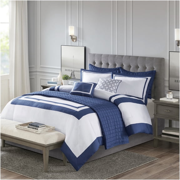 JERFIT Navy King Size 8-Piece Bedding Set, Hotel Luxury Comforter & Quilt Set with Shams & Decorative Pillows, Ultra Soft Microfiber, Machine Washable