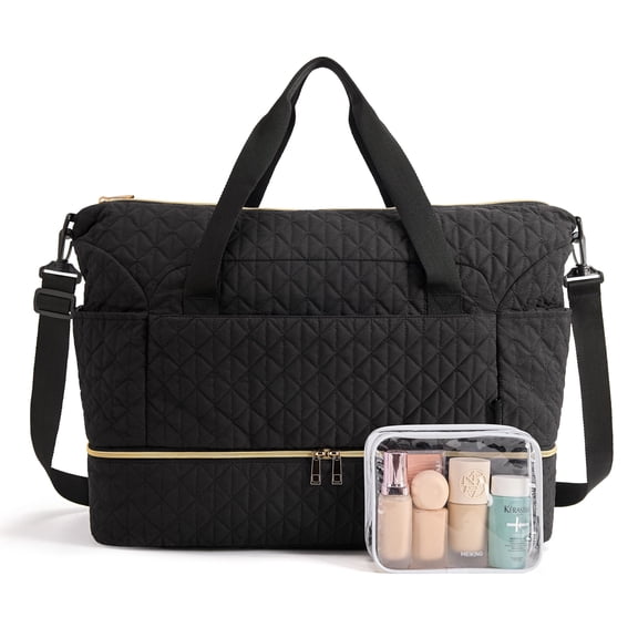 BAGSMART Large Travel Duffel Bag with Shoe Compartment, Puffer Carry-On Gym Weekender Overnight Bag with Toiletry Purse for Women, Quilted Black