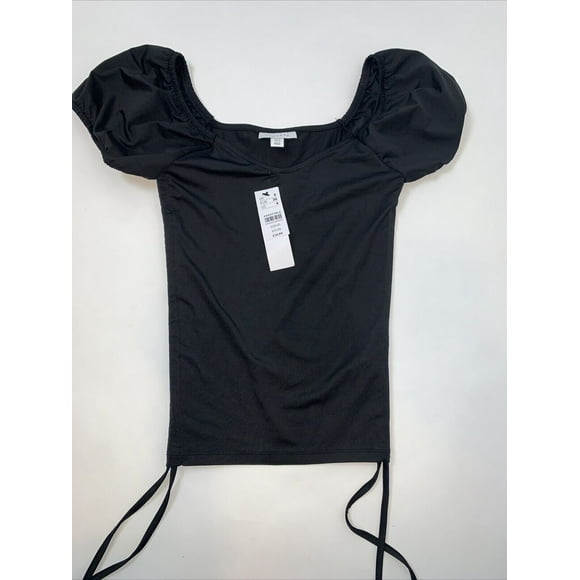 Topshop Haut Noir Froncé en Satin pour Femmes Taille 4S Manches Courtes à Nouer