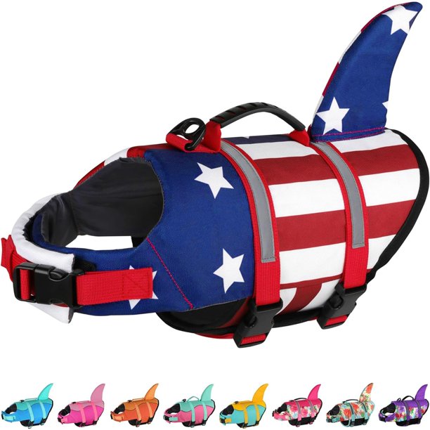 Dogcheer Chaleco Salvavidas Para Perros Con Bandera Americana De Tiburón, Chaleco Salvavidas Para Perros Con Rayas Reflectantes Y Mango De Rescate, Chaleco Flotante Ajustable De Alta Flotabilidad Para
