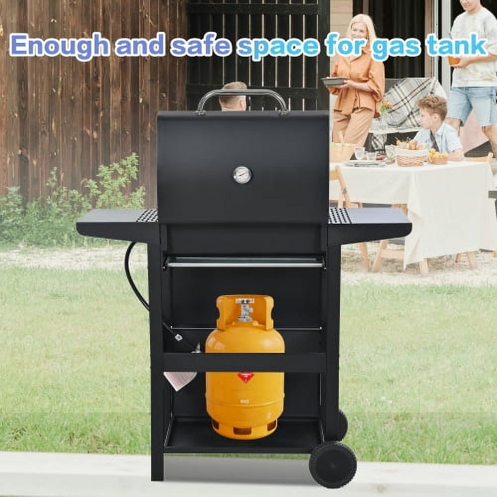Propane Gas Grill 3 Burner Barbecue Grill, Stainless Steel 26,000 BTU Patio Garden Barbecue Grill with Two Shelves, Lid, Wheels and Bottle Opener