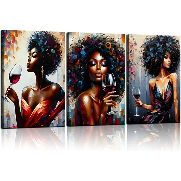 Black Women Wall Art Abstract African woman portrait Canvas Wall decor pictures The Red Wine glass Girl Poster Prints Paintings for Modern Home Decoration Und (12inx16in posters)