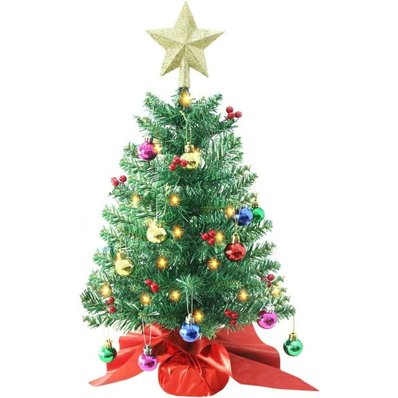 Nvzi-a 18 Inch Tabletop Mini Christmas Tree, Miniature Pine Christmas Tree with Hanging Ornaments, Battery Operated Artificial Xmas Tree, Best DIY Christmas Decorations-Red