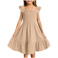 thumbnail image 1 of Robes Filles Été Unies Smockées Sans Manches Robe d'Été pour Enfants Filles Décontractée Plage Vacances Robes Robe Ado Fille Kaki 11 Ans-12 Ans, 1 of 7