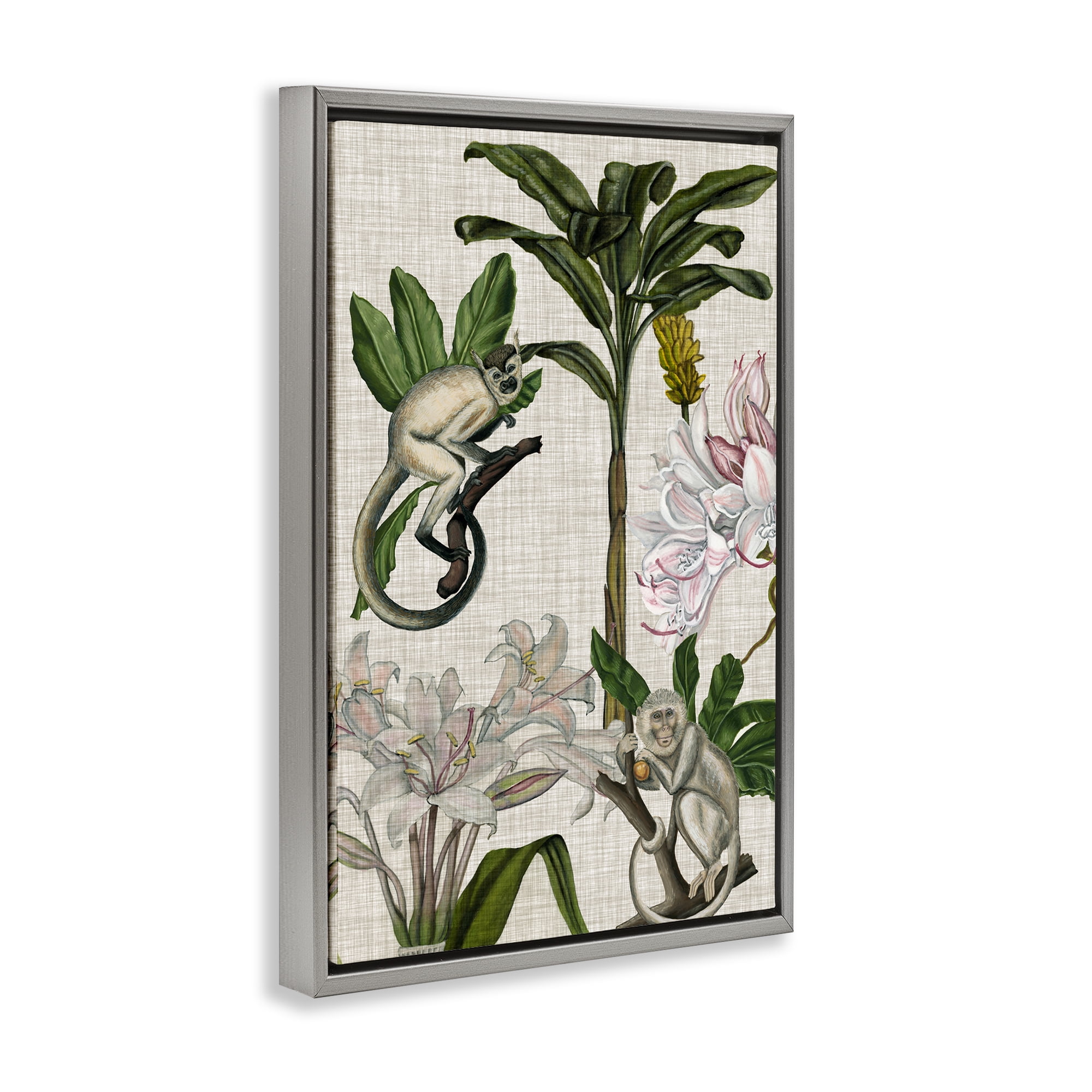 Stupell Industries Vintage Monkey & Plants Plants & Flowers Painting Gray Floater Framed Canvas Art Print Wall Art, 21 x 31