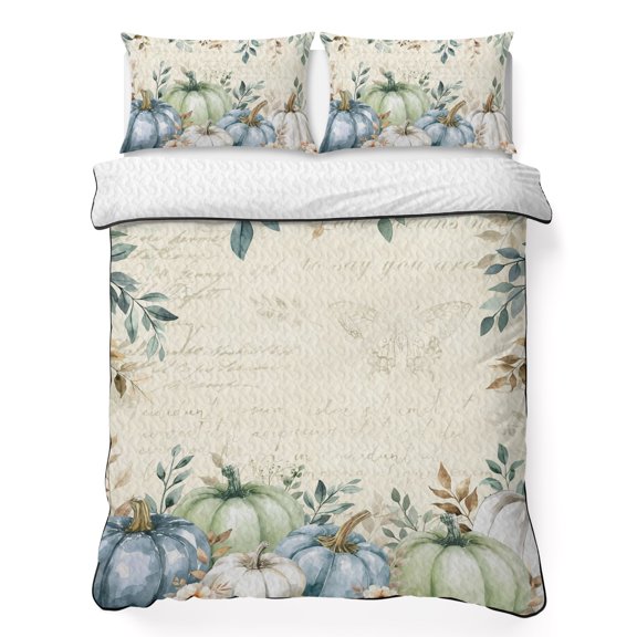Twin Quilt Bedding Set, Thanksgiving Green Pumpkin Autumn Eucalyptus Leaf Soft Microfiber Summer Bedspread Coverlet with 2 Pillow Shams, Vintage Letter Breathable Bedding Set for Hot Sleepers