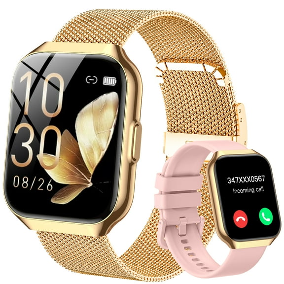 Tikland Smart Watch for Women 1.96'' Fitness Tracker Gold Smart Watches for Women Digital Watches 120 Sports Mode Make/Answer Call Waterproof Running Smartwatch Fits for Android iPhone 2 Straps