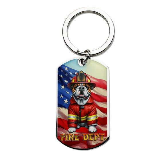 Firefighter Bulldog Hero Rescue Fire Dept Fireman USA Flag Stainless Steel Keychain Dog Lover Gifts Idea Collar Charm Tag Keyring - 02026