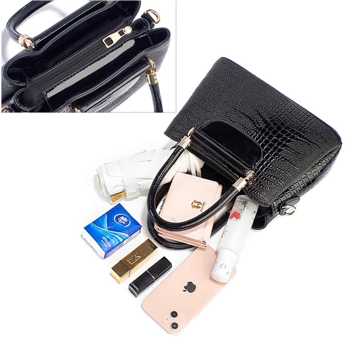 PORT&LOTUS Medium Size Glossy PU Leather Top Handle Crossbody Tote Purses for Women Simple Large Capacity Black Crocodile Pattern Shoulder Handbags for Women with Compartments For Mom