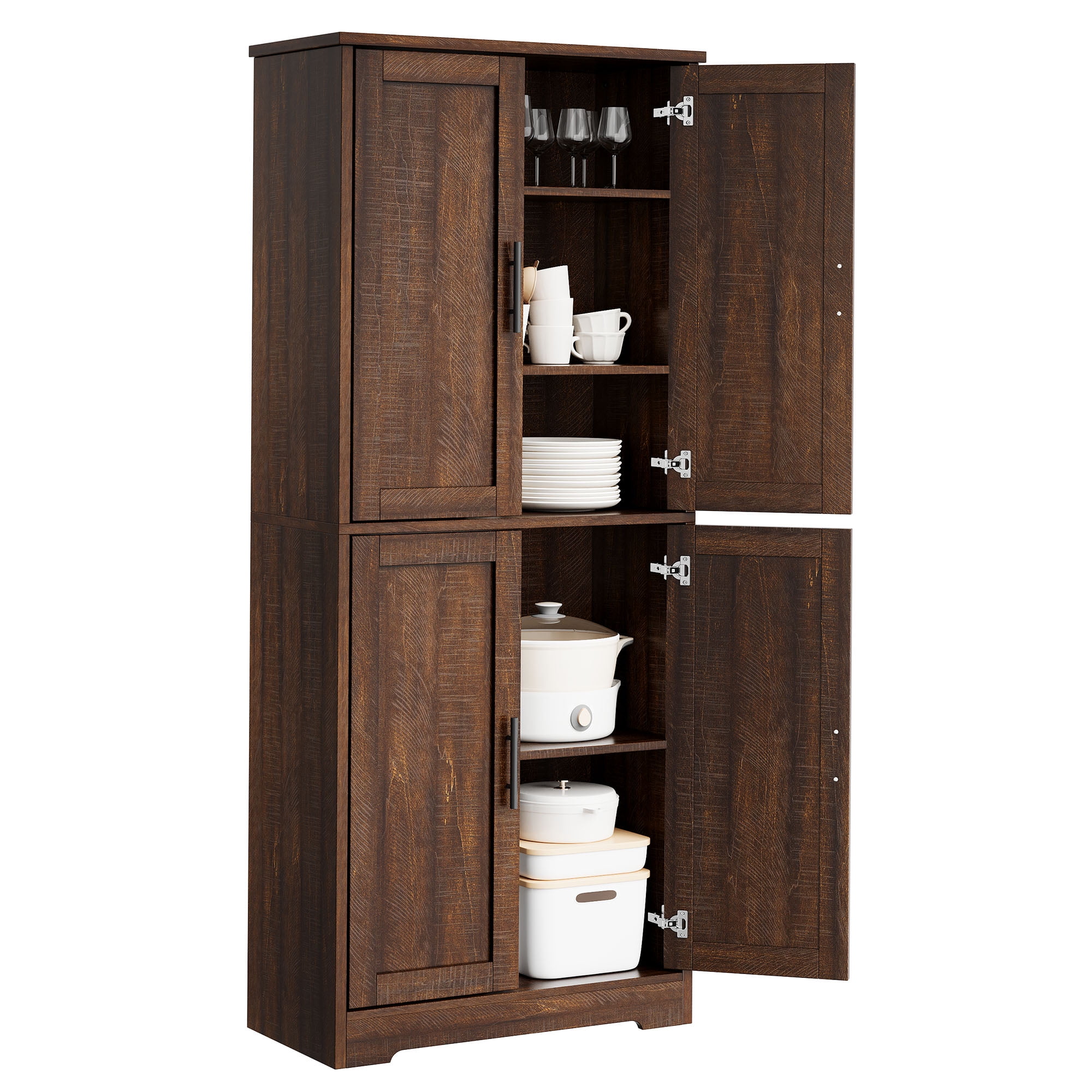 Modern Tall Freestanding Pantry Cabinet, Multipurpose Home Organizer – 70" Storage Cupboard with 4 Doors, Adjustable Shelves, Open Shelf – for Living Room, Bedroom, Bathroom – Brownish-red