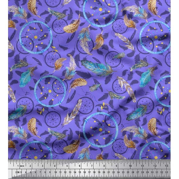 Soimoi Silk Fabric Feather & Dream Catcher Home Decor Printed Craft Fabric by The Yard 42 Inch Wide
