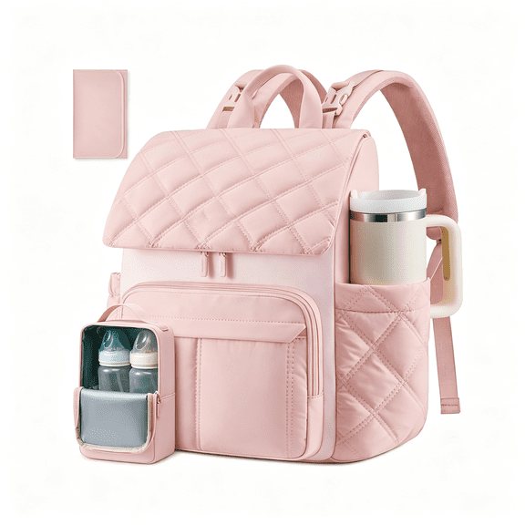 GASTROPOD Diaper Bag Backpack with Pocket for Large Capacity Cup,Multi-Function Baby Travel Bag for Mom Dad,Waterproof Baby Bag for Boys Girls with Changing Pad,Insulated Bag,Stroller Straps,Pink