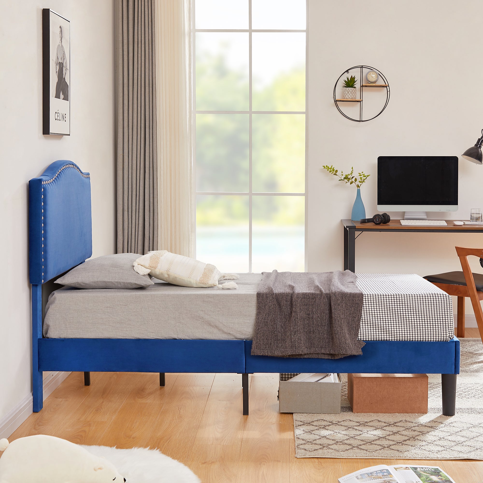 Javlergo Twin Size Bed Frame, Upholstered Platform Bed Frame with Adjustable Headboard, Easy Assembly, No Box Spring Needed, Non-Slip and Noise-Free with Strong Wood, Dark Blue