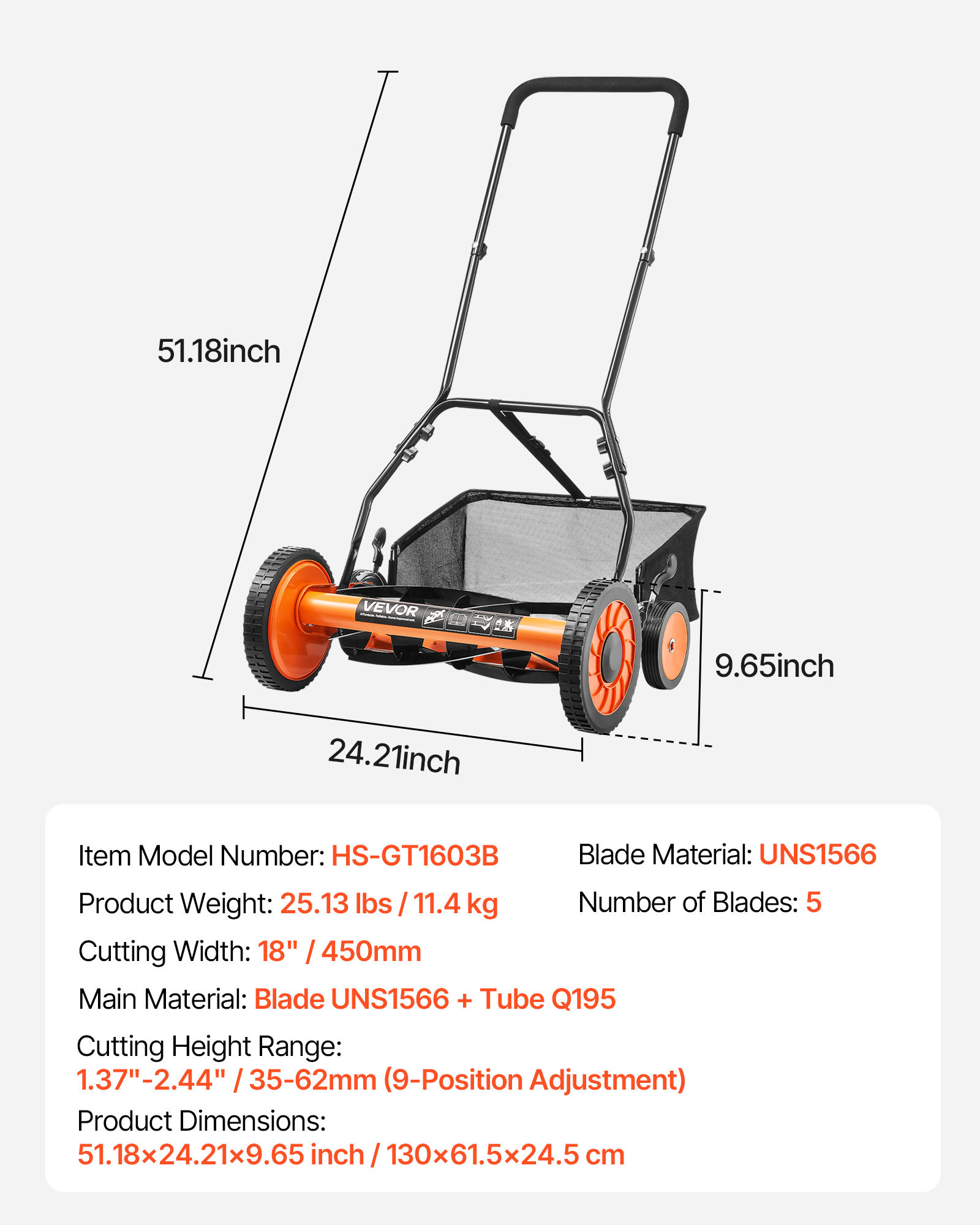 VEVOR Push Reel Lawn Mower 18 inch, 5 Blades Manual Push Mower No Motor, 1.37-2.44 in Adjustable Cutting Height, Walk-Behind Lawn Mowers with Grass Catcher Bag for Green Lawns, Driveways, Courtyards