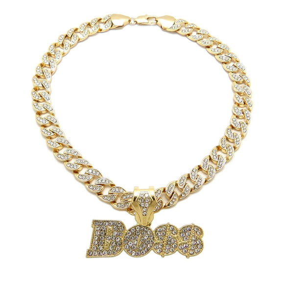 iJewelry2 Urban BOSS Script Crystals Encrusted Pendant Gold-tone Icy Cuban Linked Chain Necklace