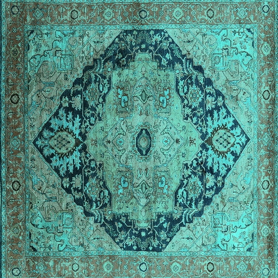 Ahgly Company Indoor Square Oriental Turquoise Blue Industrial Area Rugs, 4' Square