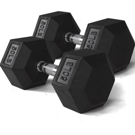 Pair 50 lb Black Rubber Coated Hex Dumbbells Weight Training Set 100 lb Fitness