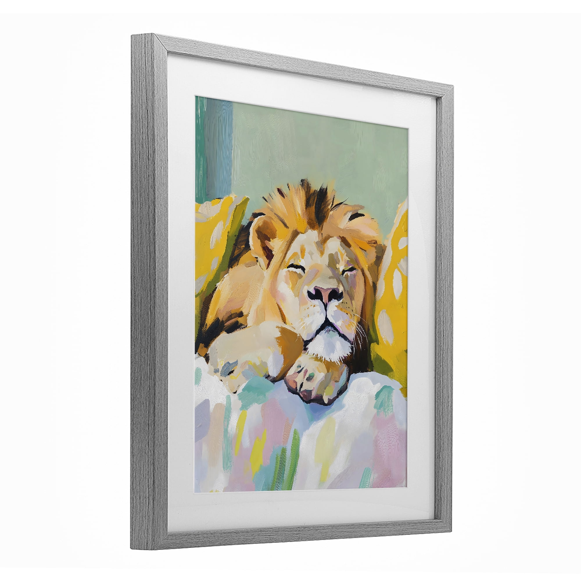 Stupell Industries Sleeping Lion on Pastel Pillows Gray Framed Print Under Glass, design by The Prints Vibe