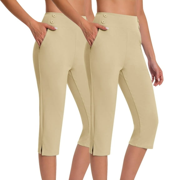 Breezora Women's Stretchy High Waist Yoga Pants Set Summer Lightweight Workout Capris with Comfortable Waistband L Size Beige