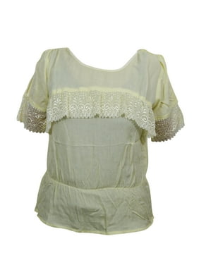 Mogul Womens Yellow Solid Top Lace Work Short Sleeves Rayon Bohemian Summer Blouse Tops