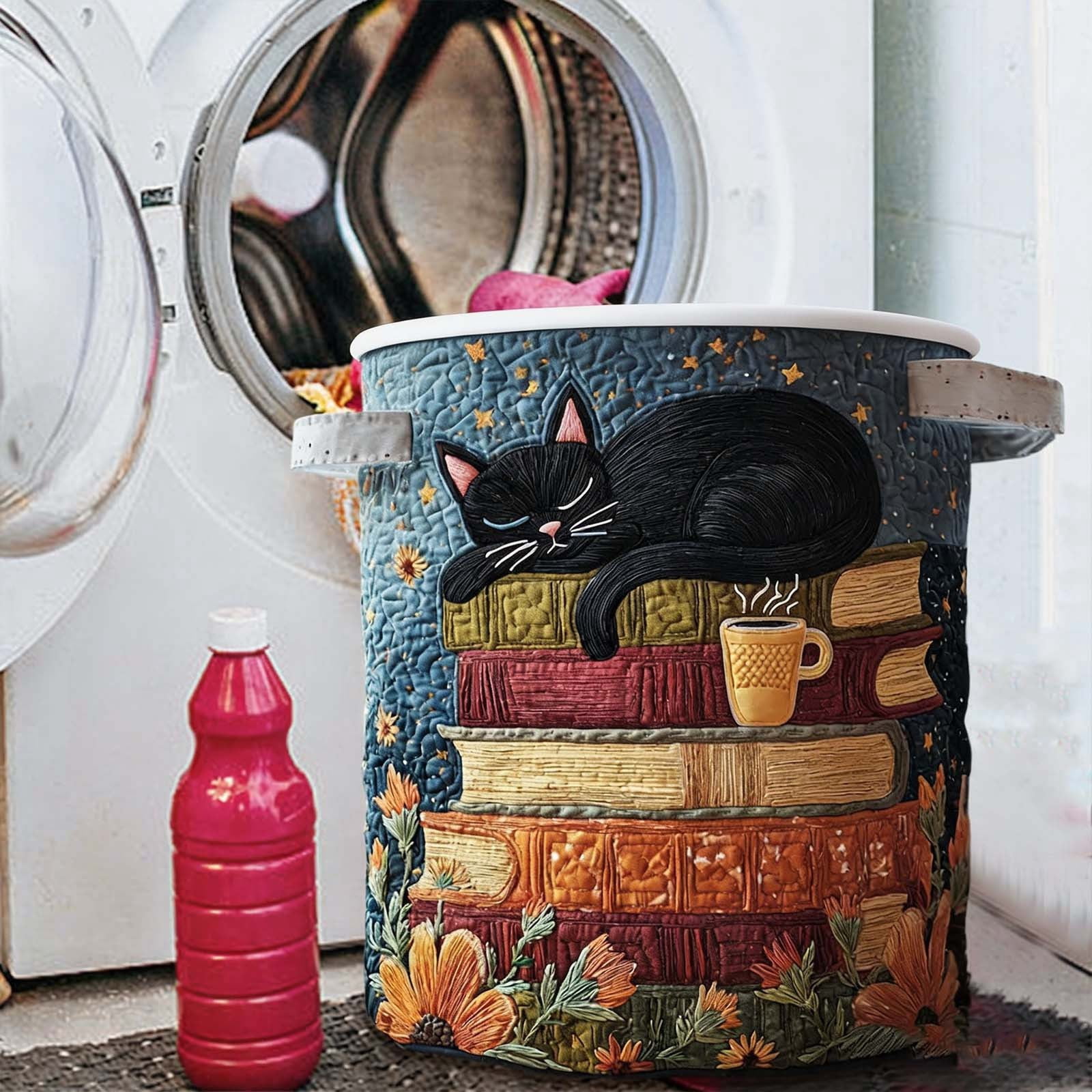 Cat Quilted Laundry Basket, Large Quilted Cute Cat Laundry Baskets with Reinforced Handles, Cozy Kitten Fabric Storage Hamper 18''x14''