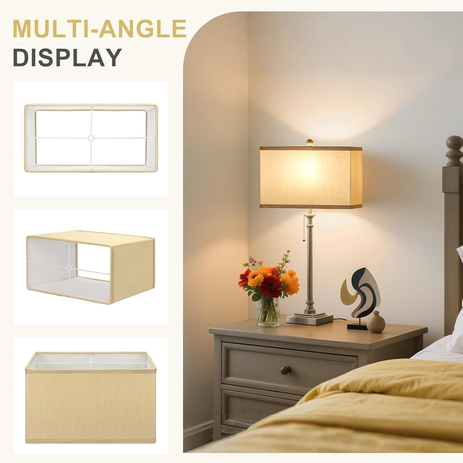 Rectangle Lamp Shades Set of 2, 16"L x 8"W x 10"H, Large Gold Lamp Shades for Table Lamps Bedside Lamps, Modern Replacement Lampshades for Floor Lamps, Spider, Harp Holders Included, Easy Assembly