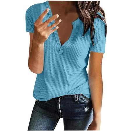 

Summer Tops for Women Women s Fashion Solid Color V-neck Comfortable Loose T-shirt Short Sleeve Blouse Casual Tops Maternity Blouses Blue XL