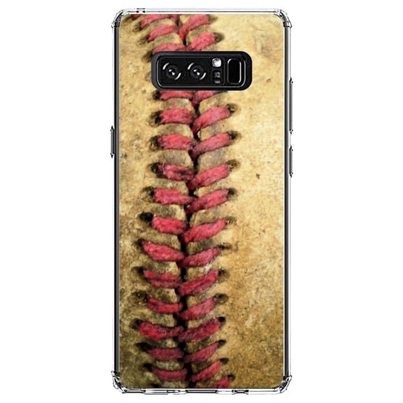 DistinctInk Clear Shockproof Hybrid Case for Samsung Galaxy Note 8 - TPU Bumper, Acrylic Back, Tempered Glass Screen Protector - Old Baseball Stitch - Baseball
