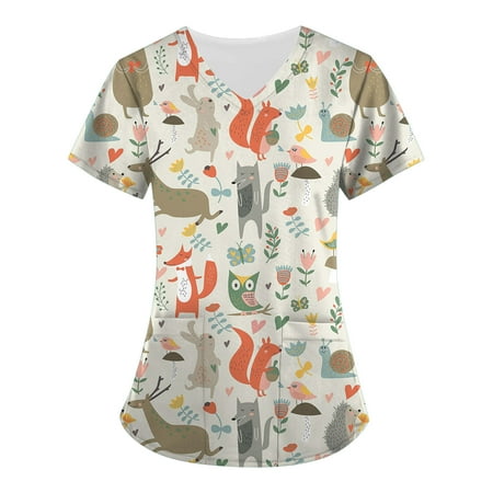 

Funicet Savings Clearance 2023! Womens Plus Size Scrubs Tops Short-Sleeve Nurse Uniform V Neck Working Uniform Animal Printed T-Shirts Casual Blounce w/Pockets