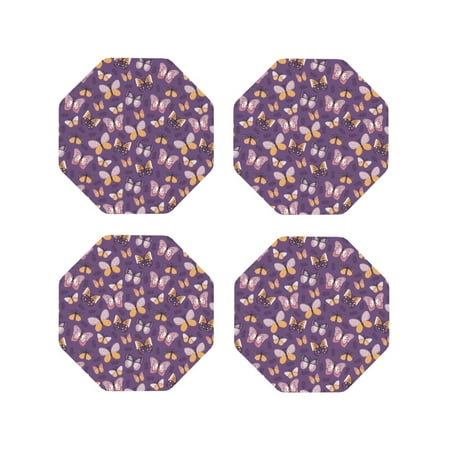 

Junzan Butterflies And Floral Print Coasters for Drinks - Leather Coasters Set of 4 for Coffee Table for Housewarming/Kitchen/Bar/Decor-Octagon