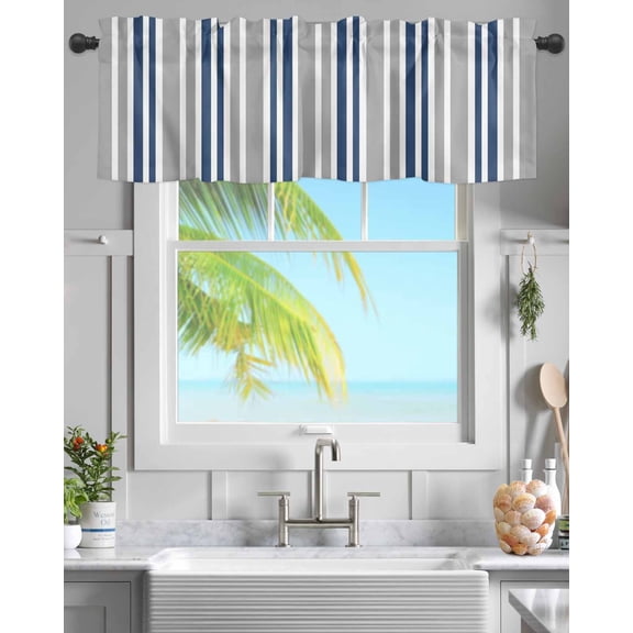 Kitchen Valances for Window, Modern Vertical Stripes Light Filtering Rod Pocket Valance Curtain, Navy Blue Grey White  Short Curtains Window Topper for Bedroom Bathroom Living Room 54x18in