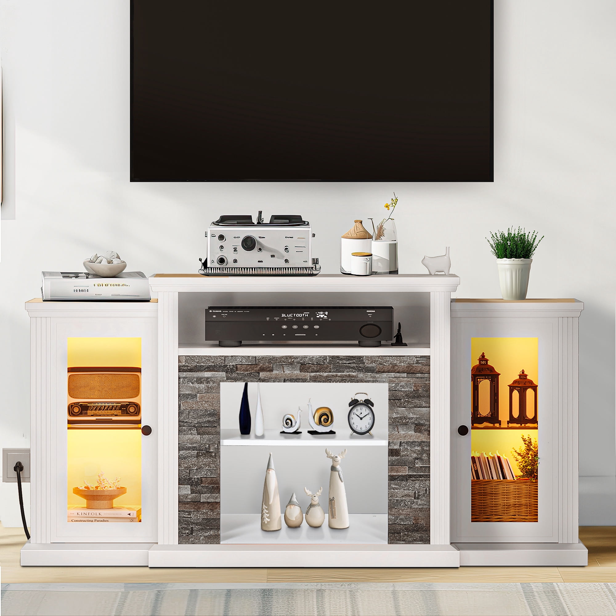 Uforic LED TV Stand w/Power Outlets for 65 55 Inch TV, TV Console Entertainment Center, White