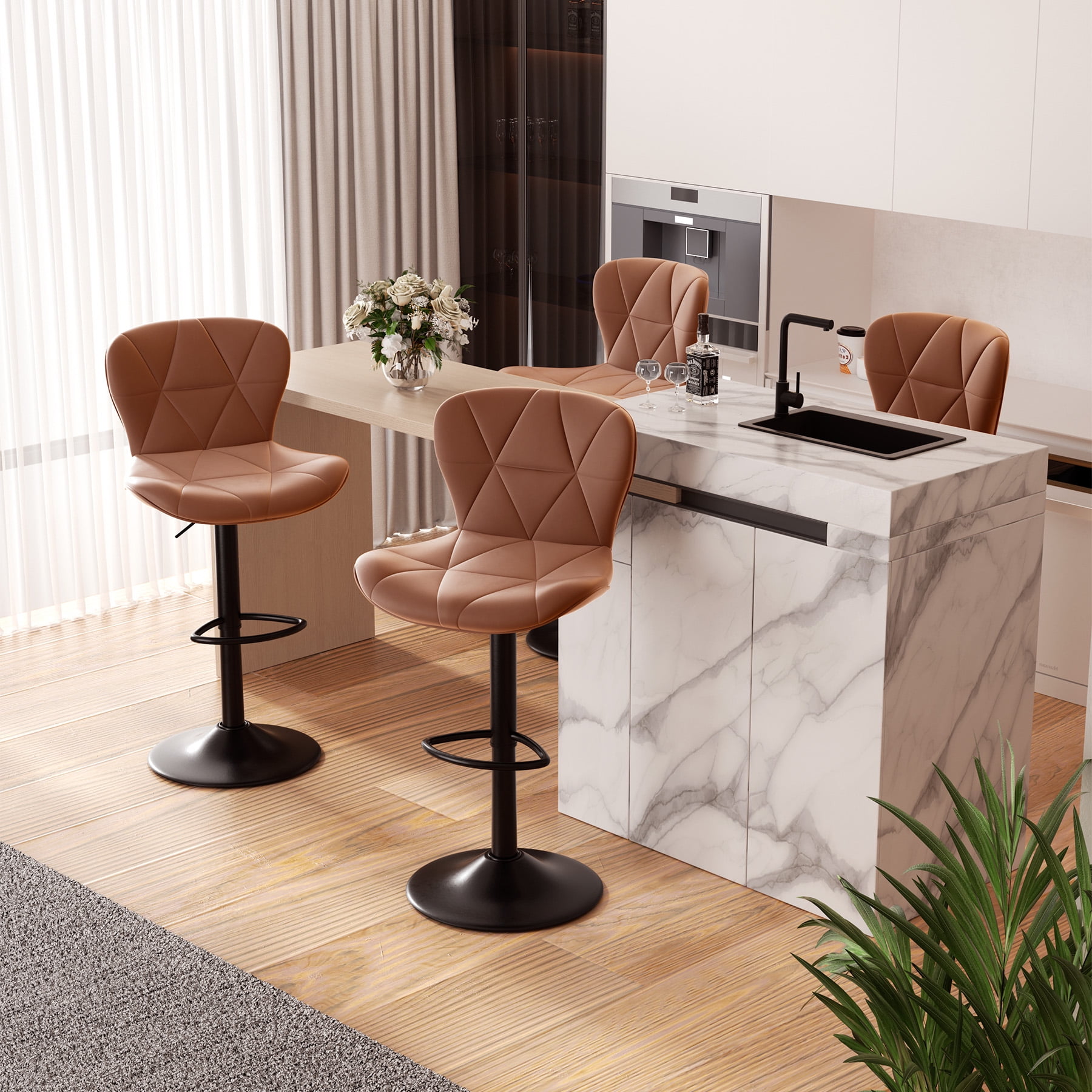 Hawsaiy Modern Bar Stools Set of 1, Adjustable Faux Leather Upholstered Swivel Bar Stools, Counter Height Bar Chairs with Back for Kitchen Island, Brown